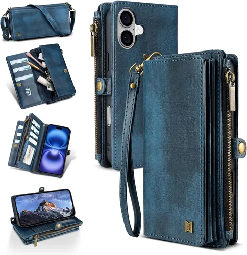 Vista 21 de Funda tipo cartera para iPhone 16 Pro Max con 8 tarjeteros, bloqueo RFID, piel sintética, función atril, abatible, correa de muñeca y correa