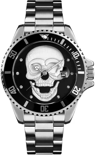Vista 7 de HUNRUY Relojes de calavera para hombre 3D esqueleto unidireccional bisel 30M impermeable cuarzo relojes de pulsera, Moda