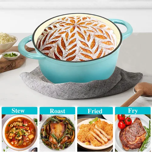 Vista 7 de COOKWIN Horno holandés de hierro fundido, olla redonda de 3 QT con tapa autobronceadora para hornear en casa, brasero, cocina, excelentes regalos