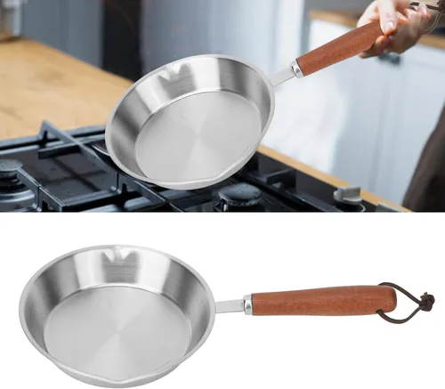 Vista 3 de Asixxsix Sartén de acero inoxidable, sartén antiadherente para huevos con mango de madera, sartén de cocina adecuada para todas las estufas