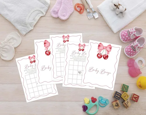 Vista 4 de Cherry Baby Shower - Juego de bingo para 30 invitados con tarjetas de juego, revelación de género, suministros y decoraciones para baby shower (DV35)