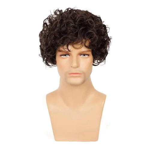 Vista 2 de Pelucas cortas y rizadas marrones para hombres, pelo corto en capas de aspecto natural, resistente al calor, pelucas sintéticas con gorra de peluca