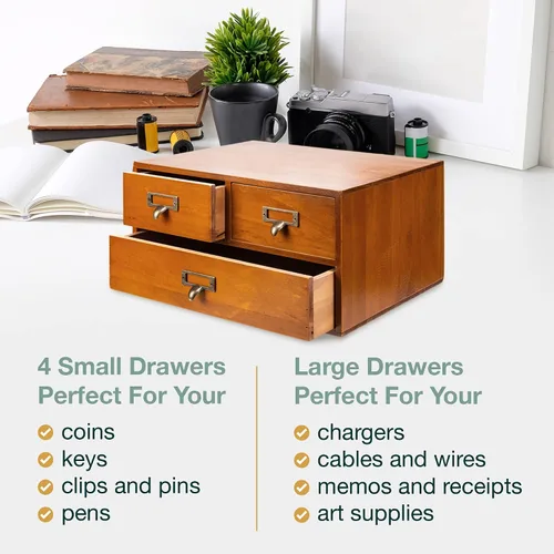 Vista 6 de Gabinete de boticario modular apilable de escritorio con 3 cajones, boticario de madera maciza para mesa, cajones de catálogo de tarjetas