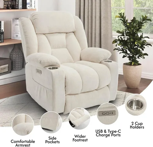 Vista 6 de FLEXISPOT Silla reclinable eléctrica con masaje y calor, silla elevadora de un solo motor, tapicería de tela de felpilla, USB/tipo C, portavasos