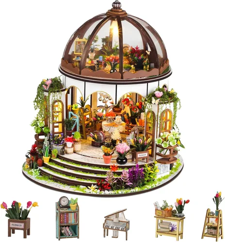 Vista 12 de Monet's Studio Book Rook Kit con luz LED y cubierta antipolvo, kit de casa en miniatura de bricolaje, rompecabezas de madera 3D, kit de construcción