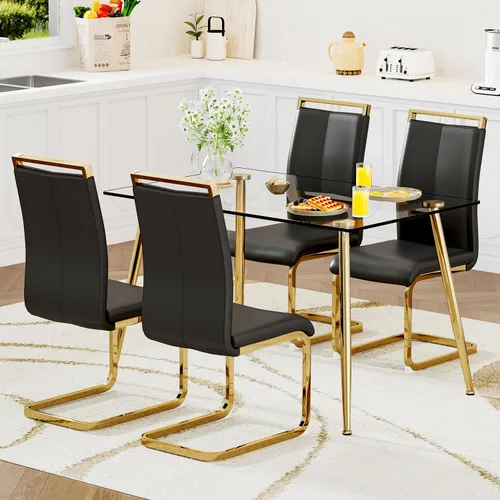 Vista 10 de Juego de mesa de comedor de vidrio Ebullient para 4, mesa de 51" de vidrio templado transparente con patas de metal negro y 4 sillas de acrílico