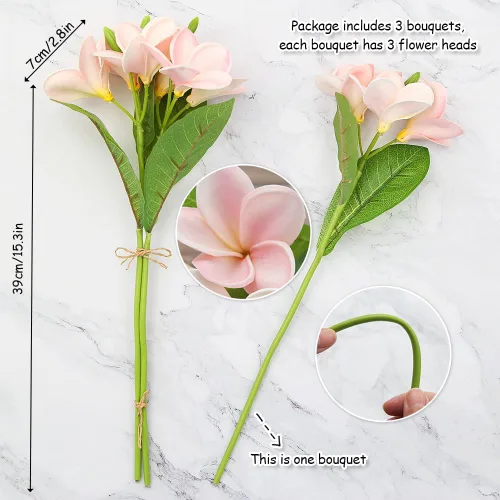 Vista 2 de Winterworm 3 piezas de flores artificiales de plumeria con hojas, ramos realistas de plumeria frangipani y brotes en total de 9 flores falsas