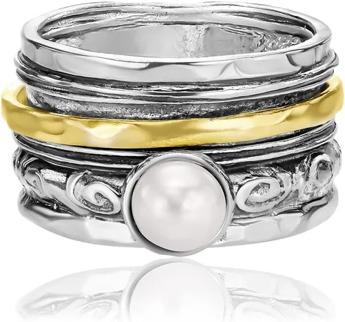 Vista 3 de 925 Sterling Silver14K Gold Plated Silver Spinner Ring Unisex, Bold Hammered BeadedFreshwater Pearl Floral Etched and Hammered, Oxidized