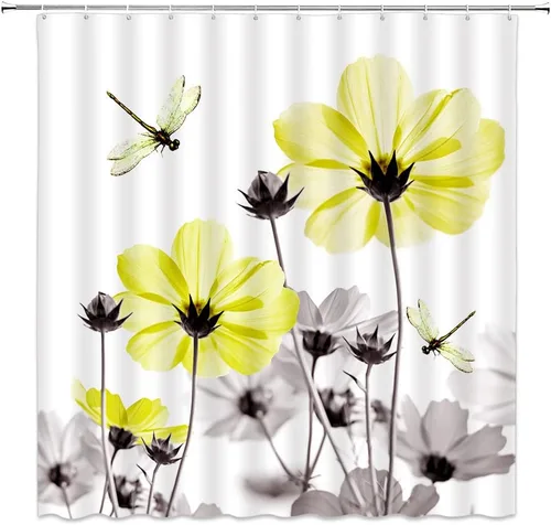 Vista 6 de Cortina de ducha floral azul y gris, planta rústica, retro, margarita, abstracta, elegante, natrue de tela con ganchos