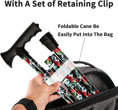 Vista 4 de Bastón para caminar para hombres y mujeres, plegable, floral, ligero, ajustable, portátil, para bastones plegables, cómodo mango en T para adultos