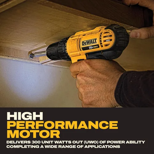 Vista 4 de DEWALT Juego de Taladro Atornillador Inalámbrico de 20V Max, 2 Velocidades, Motor de Alto Rendimiento, Incluye 2 Baterías de Iones de Litio XR