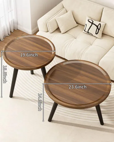 Vista 2 de Juego de 2 mesas de centro redondas anidadas, mesa de té de nogal para espacios pequeños, mesa central circular de madera con acanaladas, mesas