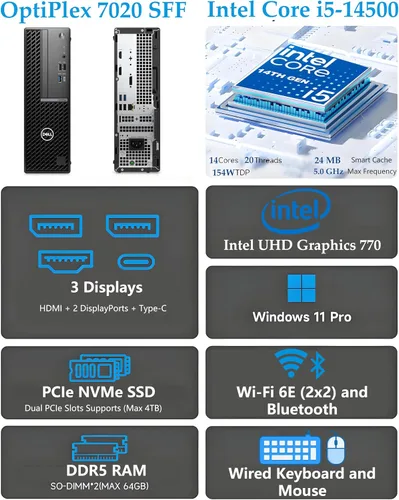 Vista 2 de Dell Computadora de escritorio empresarial OptiPlex 7020 Intel i5-14500 de 14ª generación de 14 núcleos DDR5 de 8 GB SSD de 256 GB 2 puertos