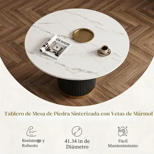 Vista 5 de SSLine 41.3 in Round Sintered Stone Dining Table for 4 Fluted Pedestal Base