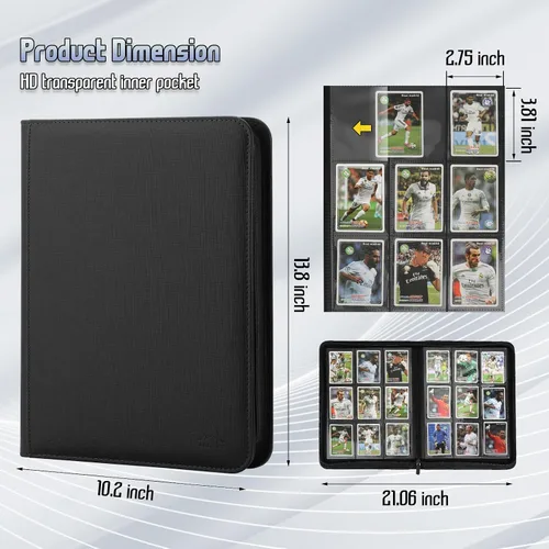 Vista 2 de Carpeta de 9 bolsillos para tarjetas intercambiables, capacidad 540 con cierre de cremallera, protector de tarjetas de piel sintética de doble cara
