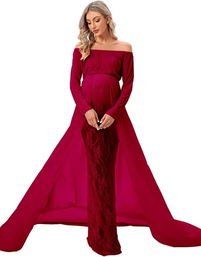 Vista 3 de ZIUMUDY Vestido de maternidad para sesión de fotos de manga larga con hombros descubiertos vestido de encaje ajustado con capa larga de gasa trian