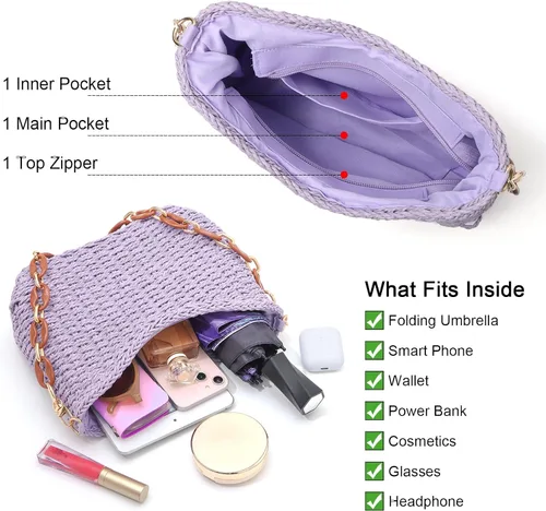 Vista 3 de Ovida Bolso de hombro de paja para mujer, bolso de playa tejido de paja para verano, bolso pequeño de mano de paja, bolso de mano para teléfono