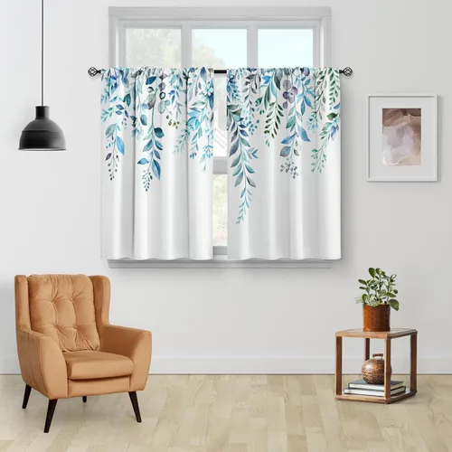 Vista 2 de Aimego Cortinas de Cocina de Eucalipto Primaveral - Hojas de Plantas de Acuarela Floral Azul con Cortinas de Nivel Botánico Floral para Cafetería