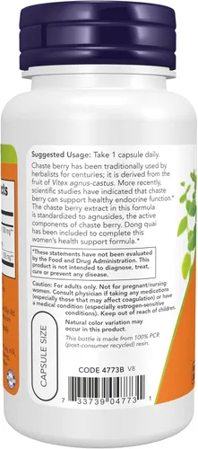 Vista 3 de Suplementos NOW, extracto de bayas de Vitex Chaste de 300 mg con dong quai, salud de la mujer*, 90 cápsulas vegetales