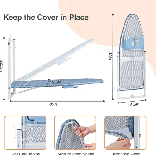 Vista 2 de KINGBOARD Tabla de planchar montada en la pared con soporte para plancha, tabla de planchar compacta para espacios pequeños, soporte de hierro Azul
