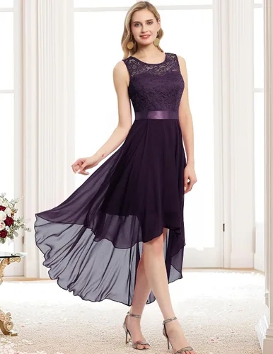 Vista 4 de BeryLove - Vestido formal, sin mangas, con encaje, holgado y por debajo de la rodilla para mujer, para fiesta, verano, boda y cóctel