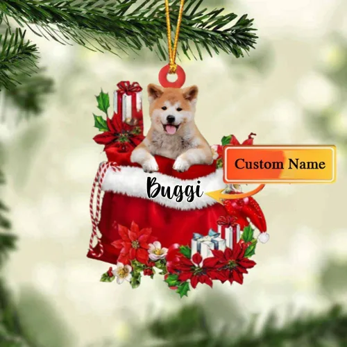 Vista 15 de Perro Akita Inu personalizado en bolsa de regalo, adorno de Navidad, nombre personalizado, regalo para amantes de los perros, familia, Navidad