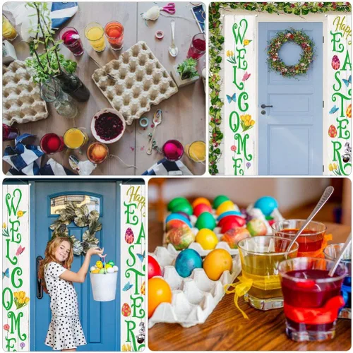 Vista 8 de Letrero de fiesta de Pascua para decoración de Pascua, cartel de bienvenida para puerta delantera, para colgar en interiores y exteriores