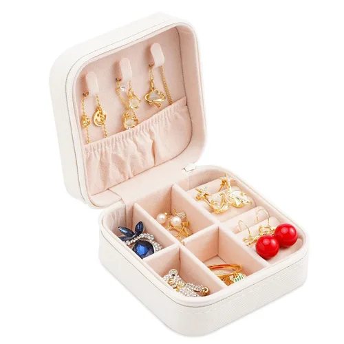 Vista 7 de Mini joyero portátil de viaje de cuero para joyas de anillo organizador caja de regalo de almacenamiento para niñas y mujeres (blanco).
