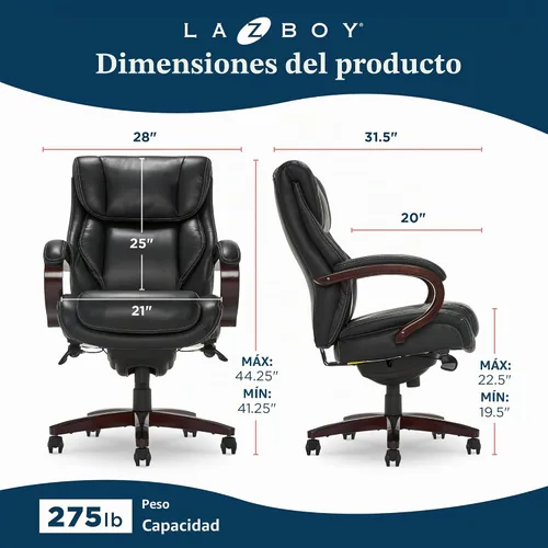 Vista 3 de La-Z-Boy Executive Ergonomic Office Chair with Lumar Support, Leather Chair Negro