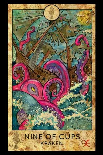 Vista 2 de Póster laminado de Kraken Nueve de Copas Tarot Card Art Print Poster de borrado en seco, arte de pared de 12 x 18 pulgadas