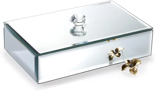 Vista 9 de Hipiwe Joyero con superficie de espejo de cristal, caja de almacenamiento para anillos, aretes, collares, pulseras, organizador de tesoros, caja