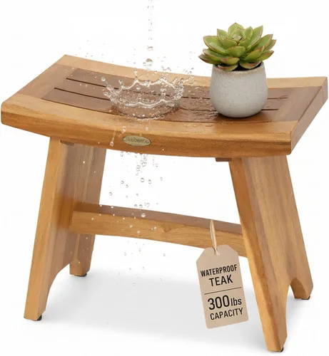 Vista 17 de EcoDecors Banco de ducha de teca con estante de 18", capacidad de 300 lb – Asiento de spa de madera impermeable completamente ensamblado
