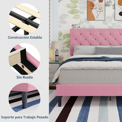 Vista 7 de BarnFurin Marco de cama tamaño completo con cabecero, cama de plataforma tapizada con cabecera acolchada con botones ajustables, marco de cama