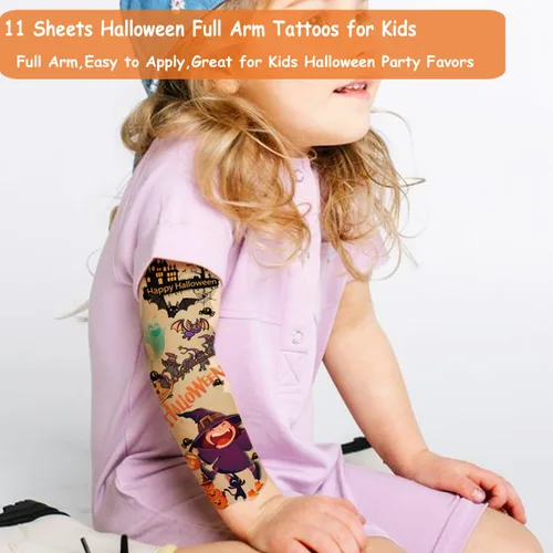 Vista 3 de CHARLENT Tatuajes temporales de brazo completo de Halloween para niños, 11 hojas de tatuajes de Halloween de brazo completo para niños y niñas