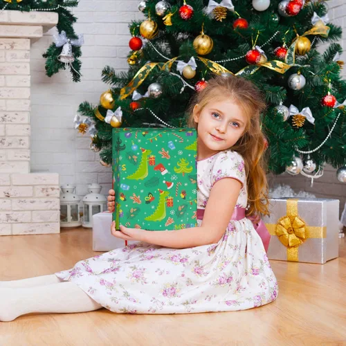 Vista 6 de NEPOG Papel de regalo de Navidad con sombreros de Papá Noel, 6 hojas plegadas planas de 20 x 28 pulgadas por hoja, papel de regalo de dinosaurio