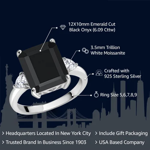 Vista 2 de Gem Stone King Anillo de plata de ley 925 con ónix negro y moissanita blanca de 3 piedras
