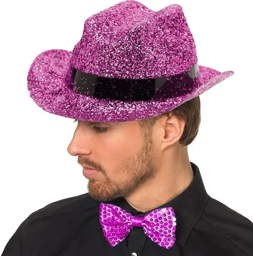 Vista 2 de Mini sombrero de plástico rosa con purpurina - 2" x 4.75" - Perfecto para ocasiones festivas, 1 unidad