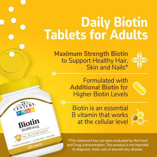 Vista 2 de 21st Century Tabletas de biotina, 10,000 mcg, sin sabor 120