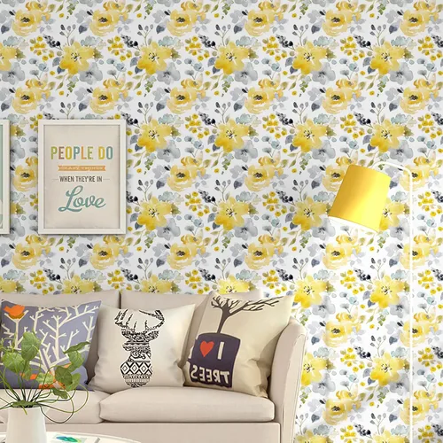 Vista 9 de Toduso Papel Tapiz Floral Despegar y Pegar Papel Tapiz Amarillo/Gris/Blanco Acuarela Papel de Contacto Autoadhesivo Removible Papel Tapiz Forros