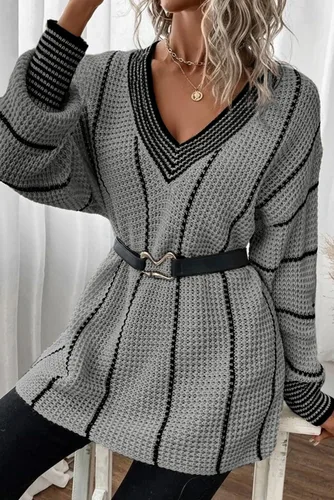 Vista 3 de AlvaQ Women Winter Long Sleeve V Neck Color Block Striped Sweater Casual Oversized Pullover Knitted Jumper Tops