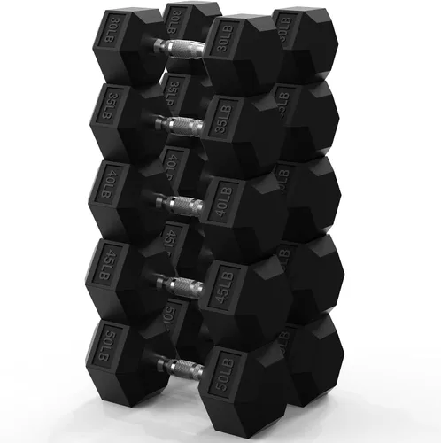 Vista 18 de PAPABABE Juego de mancuernas hexagonales de 45 a 550 libras, mancuernas de gimnasio en casa con revestimiento de goma, mancuernas para mujeres