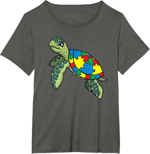 Vista 59 de Turtle Puzzle Pieces for Autism Awareness Kids Women Teacher T-Shirt Asphalt Grey