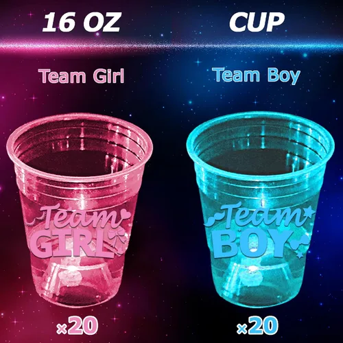 Vista 4 de mishunyus Paquete de 40 vasos que brillan en la oscuridad para revelación de género, suministros de fiesta de baby shower de equipo para niños