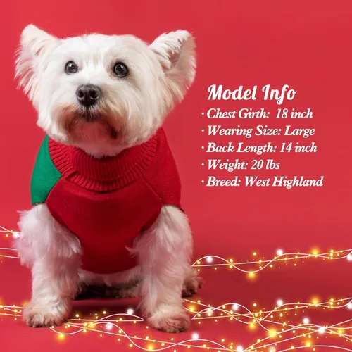 Vista 6 de KYEESE Suéter de Navidad para perros pequeños, cuello alto, bloque de color, ropa de punto para perro con agujero para correa, suéter