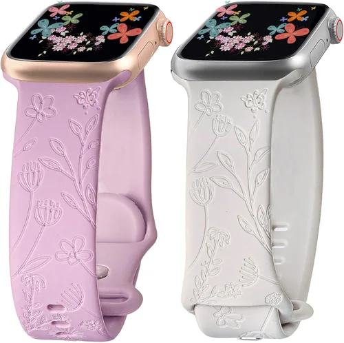 Vista 10 de 2 correas grabadas compatibles con Apple Watch Band 1.732 in 1.575 in 1.772 in, correa deportiva de silicona para mujeres y niñas, correa deportiva