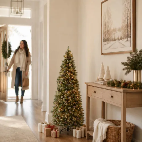 Vista 4 de 4.5 ft Frosted Artificial Pencil Christmas Tree with Pine Cones PVC foliage, hinged branches, foldable stand, indoor holiday decor for apartments