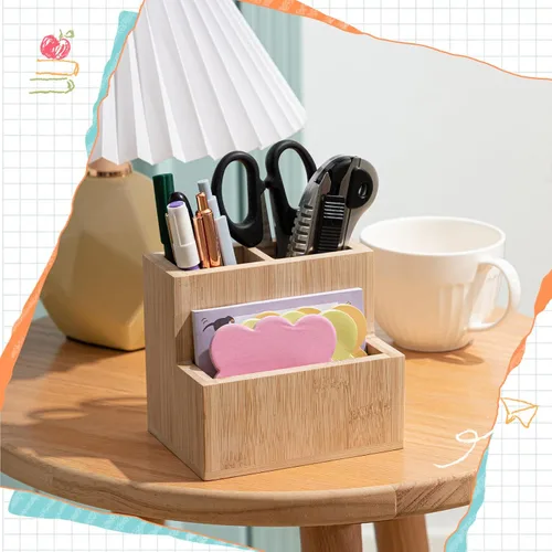 Vista 4 de Maitys Soporte para bolígrafo de madera de bambú para escritorio, organizador de control remoto con 3 compartimentos, accesorios de escritorio
