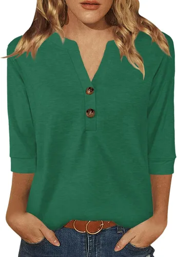 Vista 15 de Dimur Camisetas de manga 3/4 con cuello en V y botones para mujer, traje casual de negocios, camiseta básica de verano 2025
