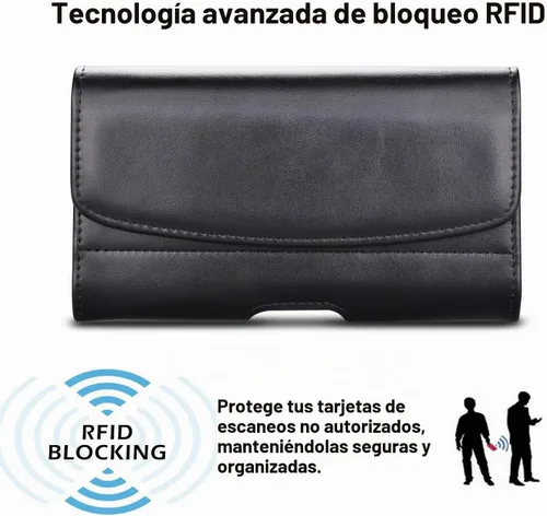 Vista 4 de Funda para teléfono con clip para cinturón, bolsa de transporte de PU de alta calidad con soporte para tarjetas de bloqueo RFID, funda magnética