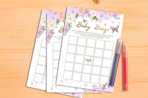 Vista 3 de Juegos de baby shower para niñas, juego de bingo de mariposa púrpura para baby shower, decoraciones florales moradas para fiestas de revelación